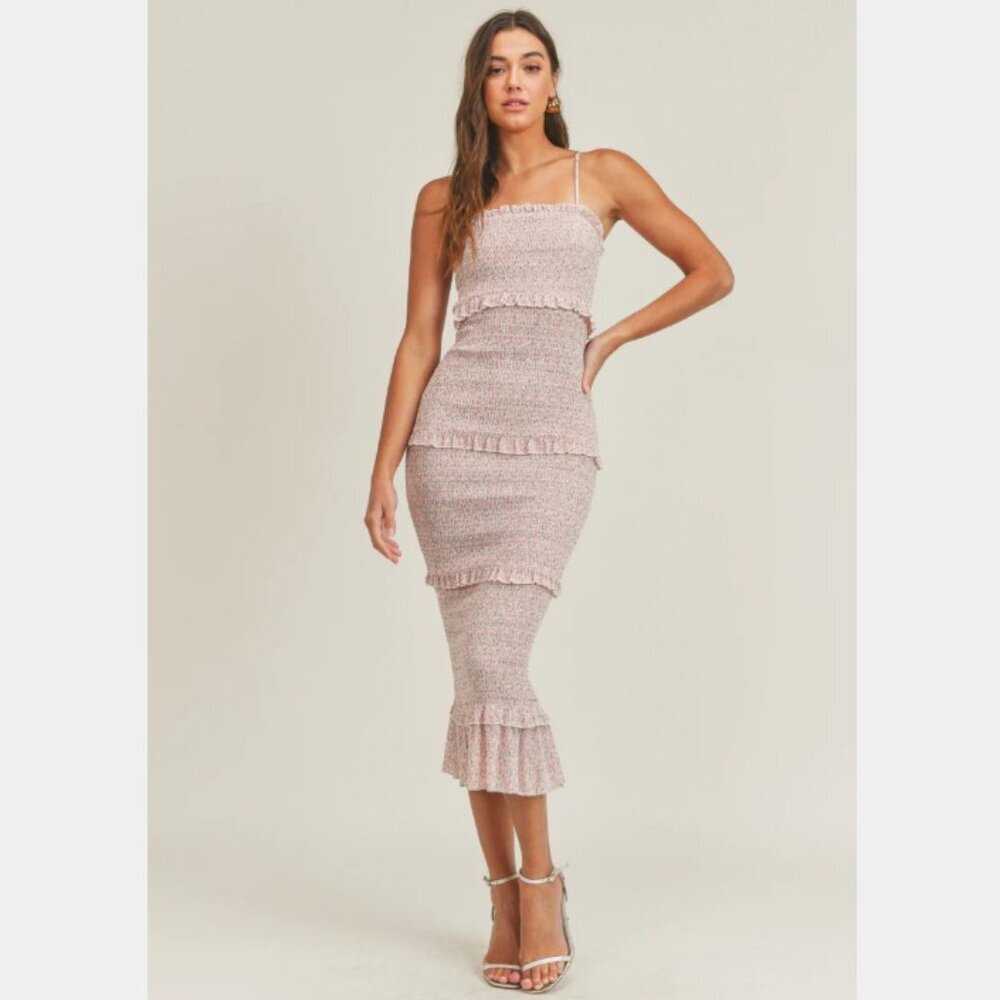 Mable Pink Floral 'Daphne' Smocked Tiered Midi Dress - Size S
